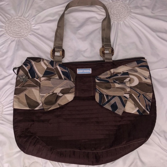 LARGE PLEATED BOW CHOCOLATE BROWN PURSE red floral inner - Picture 1 of 6